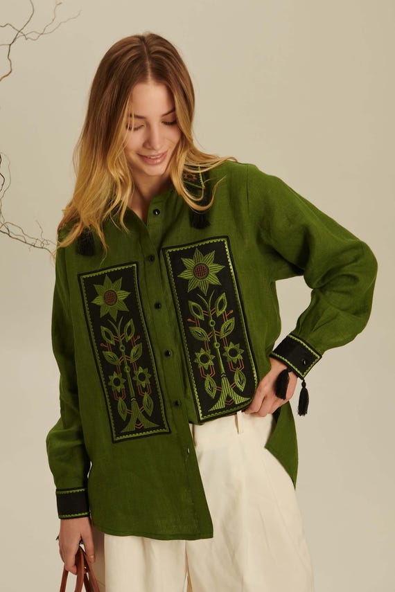 Green Linen Shirt for Women, Sunflower Embroidered Blouse, Button Front Folk Boho Top
