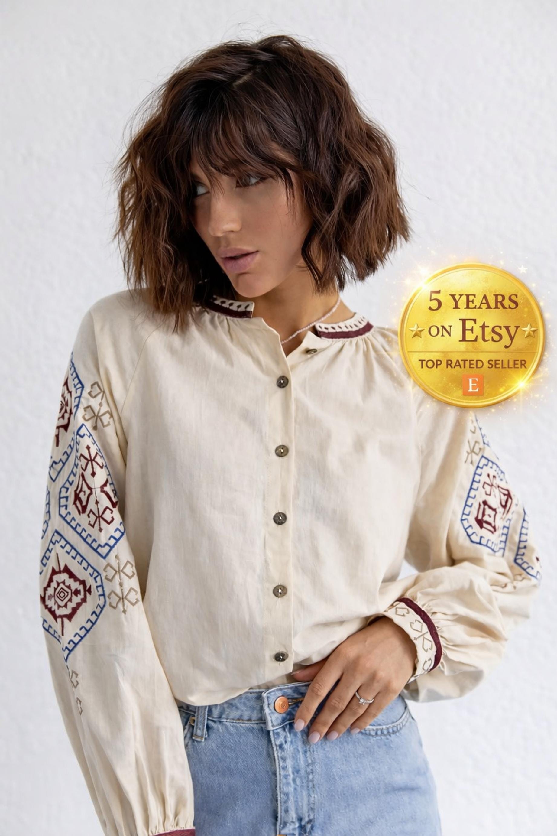 Camicia Ucraina Uomo Manica Lunga Con Ricamo Tridente - Cotone Tela, Girocollo