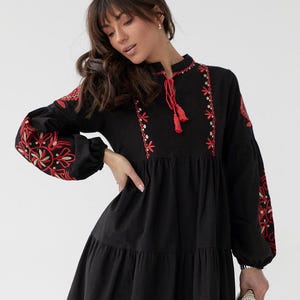 Black Vyshyvanka dress, Boho cotton dress, Vyshyvanka, Folk dress, Ukrainian dress