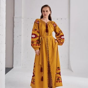 Mustard linen boho dress, Maxi linen dress, embroidered Vyshyvanka dress, linen dress, boho dress