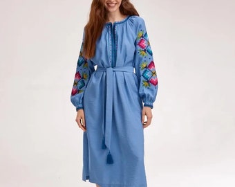 Woman Vyshyvanka, Light blue embroidered dress, Boho midi dress, Ukrainian clothing