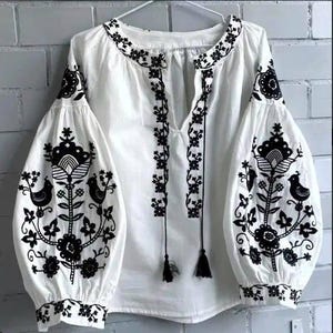 White Embroidered Peasant Blouse, Modern Women's Vyshyvanka, Boho Chic Plus Size Top, Perfect Gift for Her