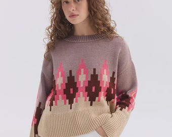 Pastel Wool Blend Knit Sweater, Women Oversized Boho Pullover