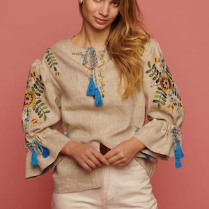 Beige Ukrainian linenblouse, Linen Vyshyvanka blouse, Linen Peasant Blouse, Ukrainian Vyshyvanka, Embroidered Blouse, Ukrainian Clothes