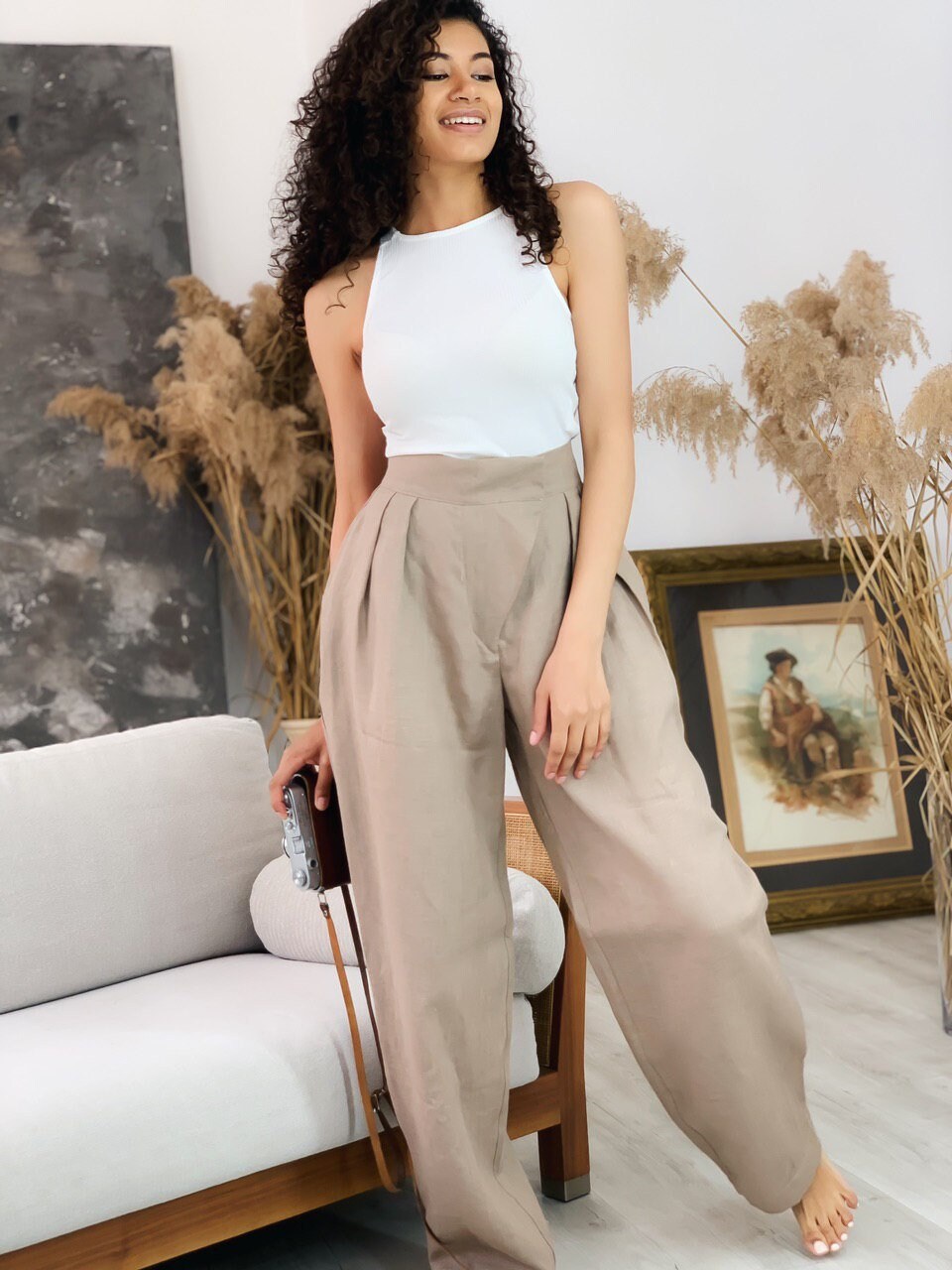 Beige linen pants Linen high waisted pants Linen flare Etsy