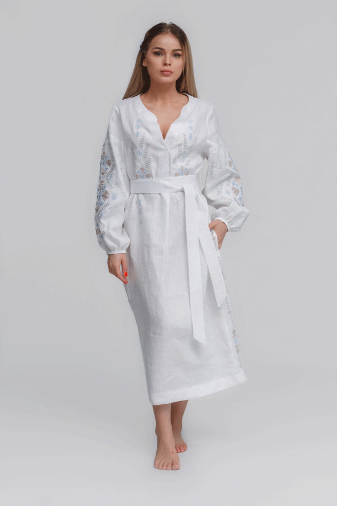 Elegant White Embroidered Belted Maxi Dress