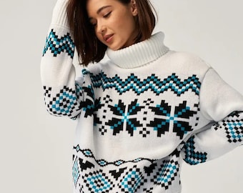 Women knitted sweater, Ukrainian pattern, knit sweater with geometric pattern, Winter clothing women