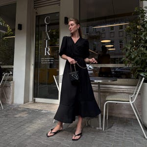 Black Linen Wrap Dress for Women, Elegant Midi Summer Dress with Puff Sleeves, Flattering Fit Linen Dress, Minimalist Slow Fashion