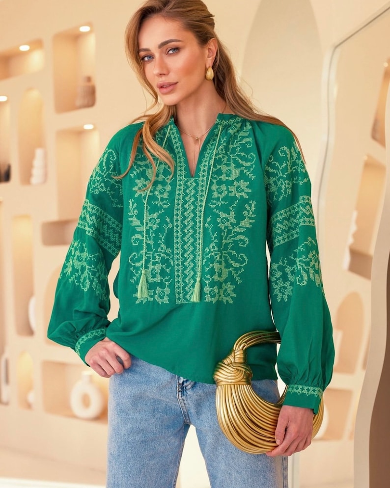green Ukraine blouse, Ukraine vishivanka,embroidery Ukraine blouse,women vishivanka,Ukraine women gift, Ukraine clothes image 2
