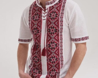 Men's Embroidered Vyshyvanka Shirt: Red & Black Folk Tunic