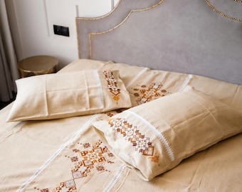 Beige Linen Bedding Set, Ukrainian Folk Embroidery, Natural Duvet Cover, Earthy Tones Bedding