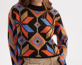 Geometric Knit Sweater, Vintage Style Orange Boho Pullover