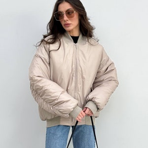 Beige winter bomber jacket women, oversized bomber jacket, long jacket women, women warm bomber, oversize jacket, bomber jacket image 5