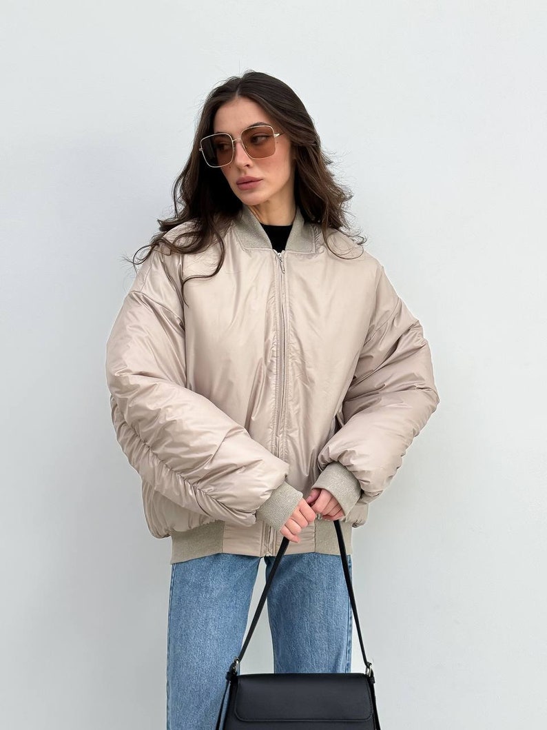 Beige winter bomber jacket women, oversized bomber jacket, long jacket women, women warm bomber, oversize jacket, bomber jacket image 5