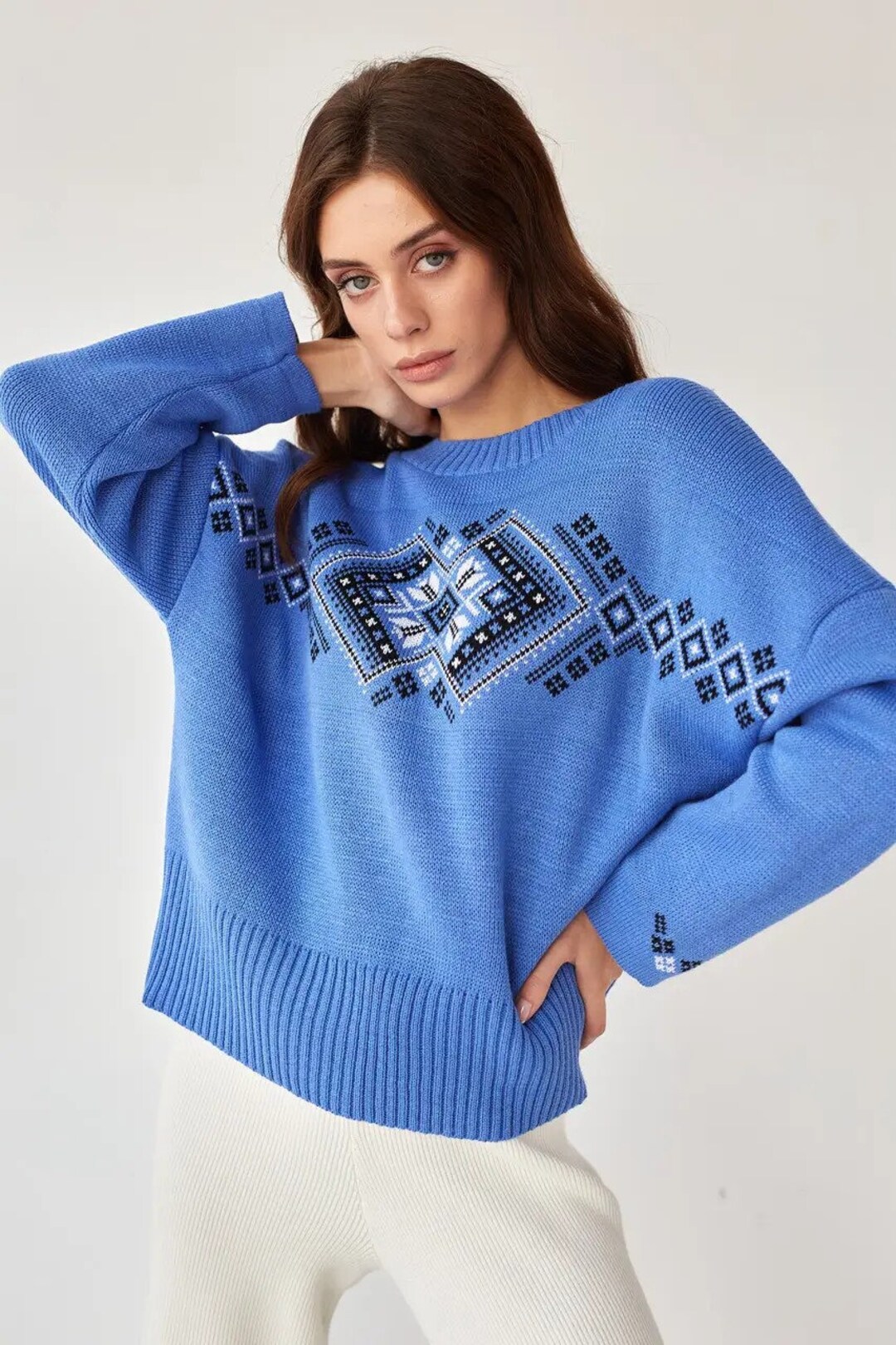 Blue Baggy Sweater, Women Knit Sweater, Cotton Sweater, Slouchy Knitted