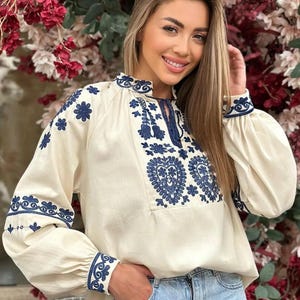 Beige boho chic embroidered blouse, Bohemian long sleeve blouse, Floral boho shirt for women, fall blouse for work, blouse with heart