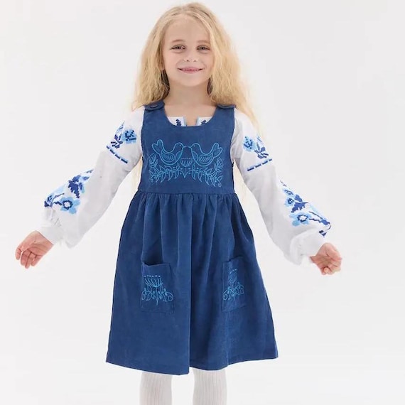 Blue Embroidered Corduroy Girls Dress, Cottagecore Toddler Outfit