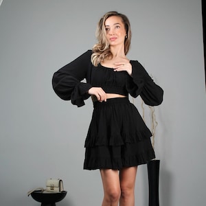 Two Piece Set Long Sleeve Crop Top and Skirt, Boho Matching Outfit for Women, Summer Festival Look