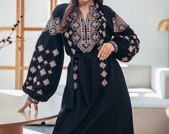 Embroidered Cotton Vyshyvanka Dress: Boho Folk Midi