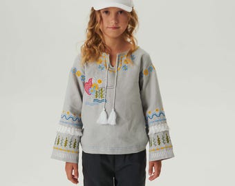 Girls' Embroidered Linen Blouse, Handmade Boho Peasant Top