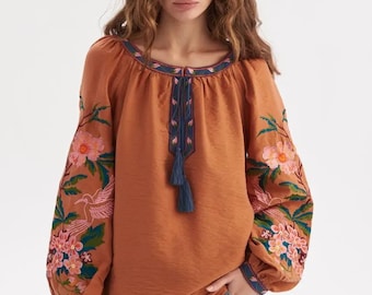 Modern Ukraine Vyshyvanka, Terracotta women blouse, Ukraine blouse, embroidered blouse, Ukrainian Vyshyvanka