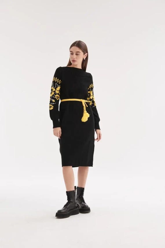Black and Yellow Knitted Boat Neck Dress, Warm Fall Winter Dress