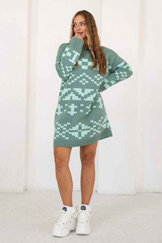 Mint Green Wool Blend Knit Sweater Dress: Boho Winter Tunic