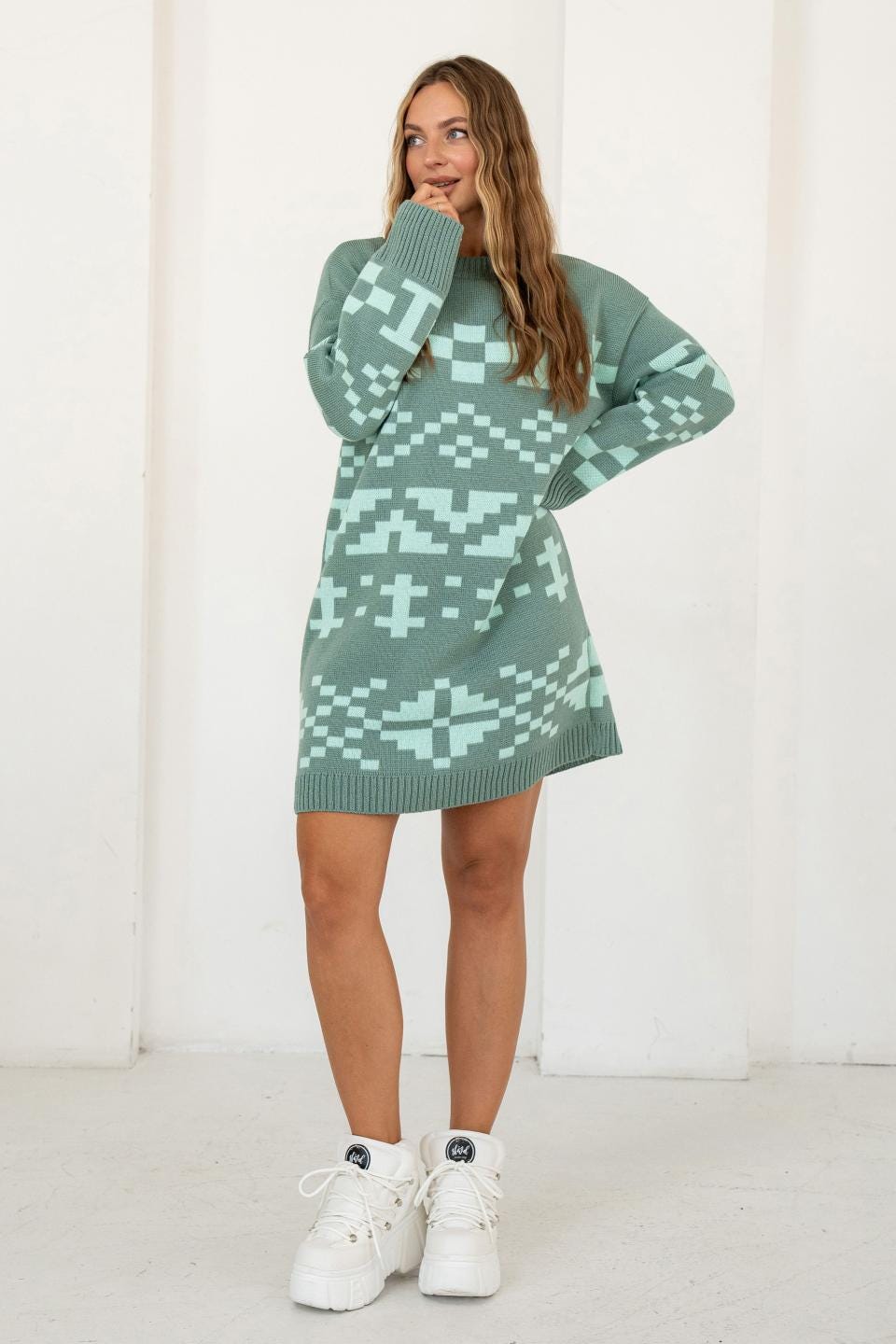 mint green sweater dress Women Autumn Winter Sweater Dresses V-neck Crochet Knitted Long Pullovers Sweaters Dress Long Style Elegant Atmospheric Tight Fitting Party Dresses