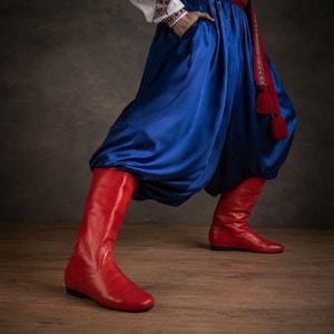 Men’s Leather Folk Dance Boots, Ukrainian Cossack Hopak Stage Shoes, Split or Full Sole, Red or Black