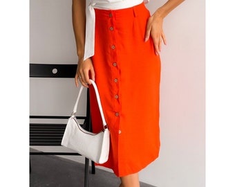 Orange midi linen skirt, high waisted skirt, linen casual skirt, linen women skirt