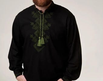 Black Linen Vyshyvanka Shirt for Men: Green Embroidered Slavic Folk Style