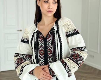 Vyshyvanka Blouse, Black Red Embroidered Folk Lace Shirt