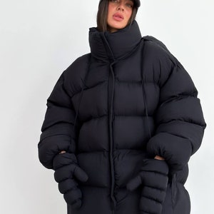 Black winter oversize puffer coat, Streetwear women jacket, Black Winter puffer jacket women, Warm winter jacket, Black puffer image 5