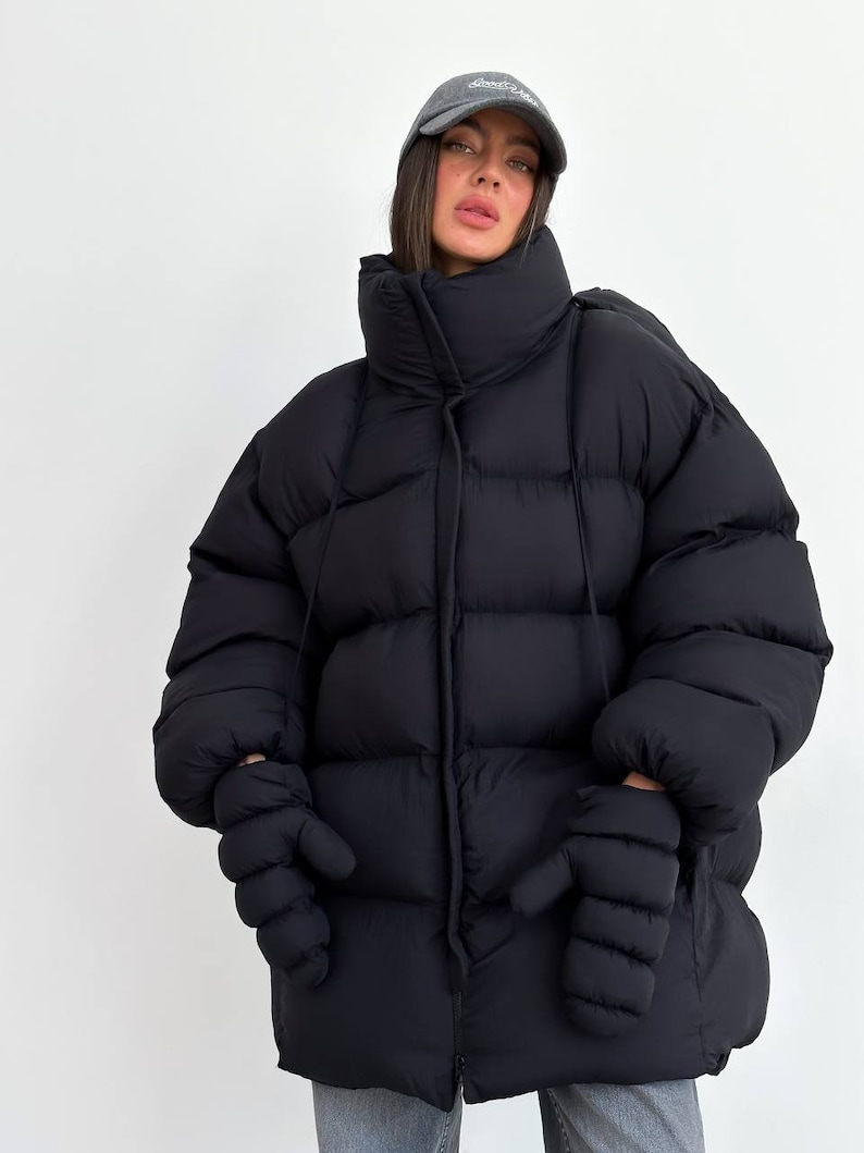 Black winter oversize puffer coat, Streetwear women jacket, Black Winter puffer jacket women, Warm winter jacket, Black puffer image 5