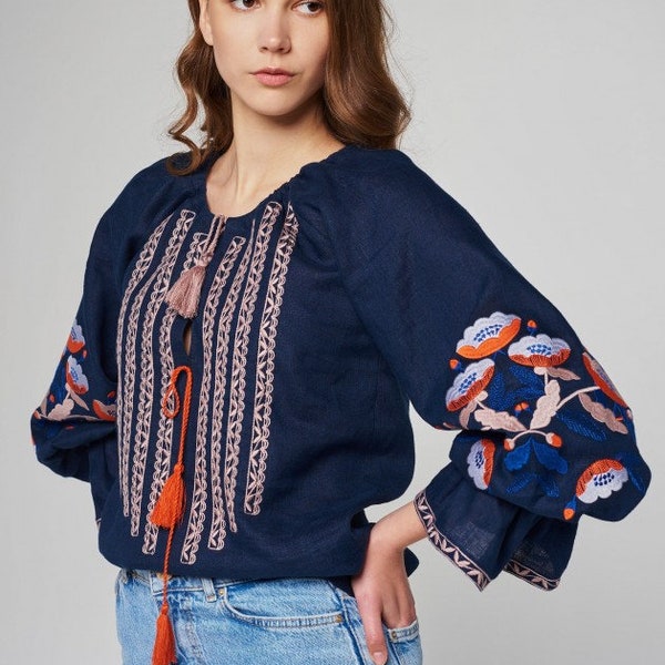 Women Linen Vyshyvanka blouse, Embroidered blouse, Navy blue linen blouse, Ukrainian Vyshyvanka