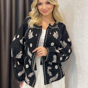 Black Embroidered Boho Blouse: Fern Pattern Cotton Top