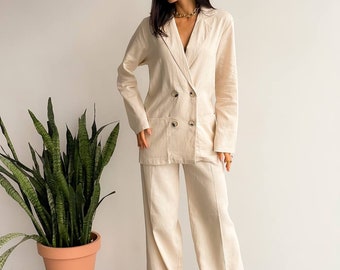 Bridal linen summer suit, Linen palazzo pants suit, Linen women two piece suit,  summer office suit set, linen wide leg pants, linen clothes