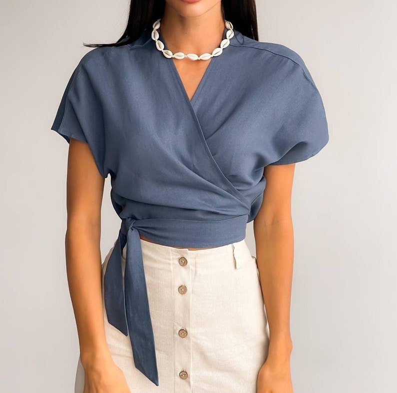 Linen wrap top, linen crop top, linen wrap blouse, white boho linen v neck top, linen tops for women image 1