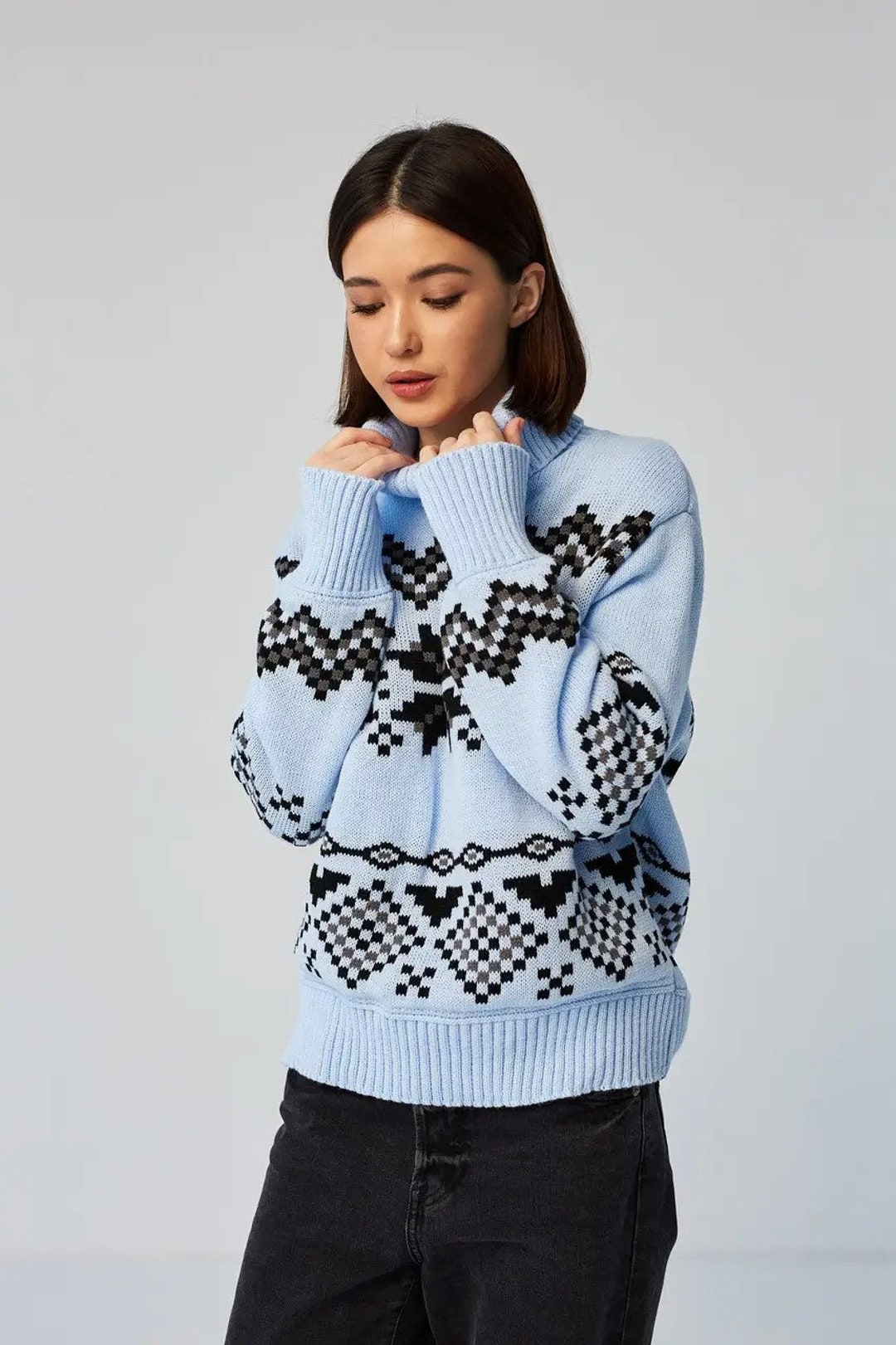 Holiday Sweater, Light Blue Sweater, Women Snowflake Sweater, Winter ...