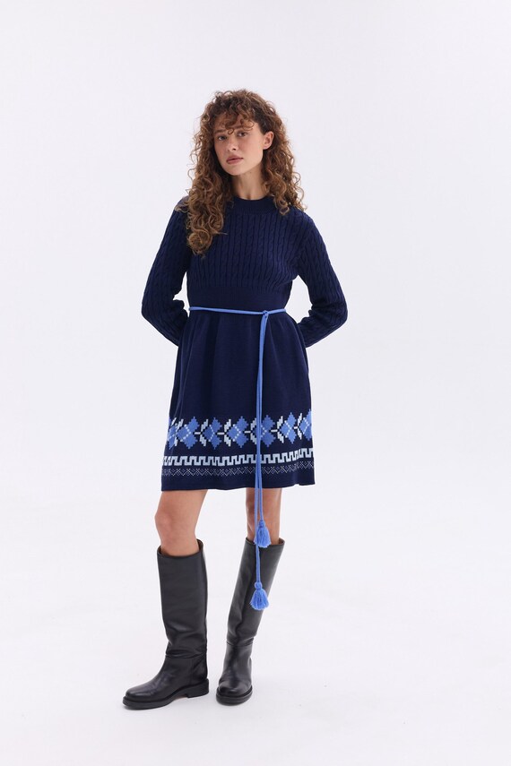 Navy Wool Blend Cable Knit Dress | Embroidered Folk Style, Ukraine - Etsy