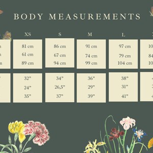 May include: A chart with body measurements in inches and centimeters for different sizes: XXS, XS, S, M, L, XL, XXL. The chart includes bust, waist, and hip measurements. The chart is on a green background with floral illustrations.
