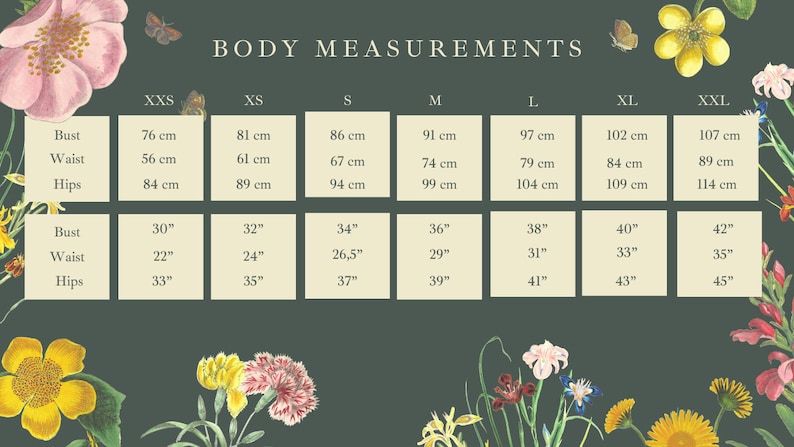 May include: A chart with body measurements in inches and centimeters for different sizes: XXS, XS, S, M, L, XL, XXL. The chart includes bust, waist, and hip measurements. The chart is on a green background with floral illustrations.