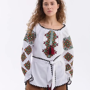 Colorfull peasant Authentic Ukraine shirt, Vyshyvanka blouse with belt, Perfect Gift for Her