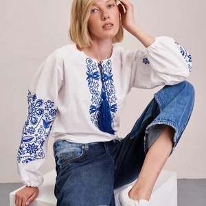 White and Blue Peasant Cotton Blouse, Ukrainian Vyshyvanka, Perfect Gift for Her