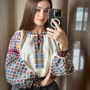 Ukrainian Vyshyvanka Blouse, Hutsul Inspired Linen Cotton Shirt with Colorful Cross Stitch Embroidery image 1
