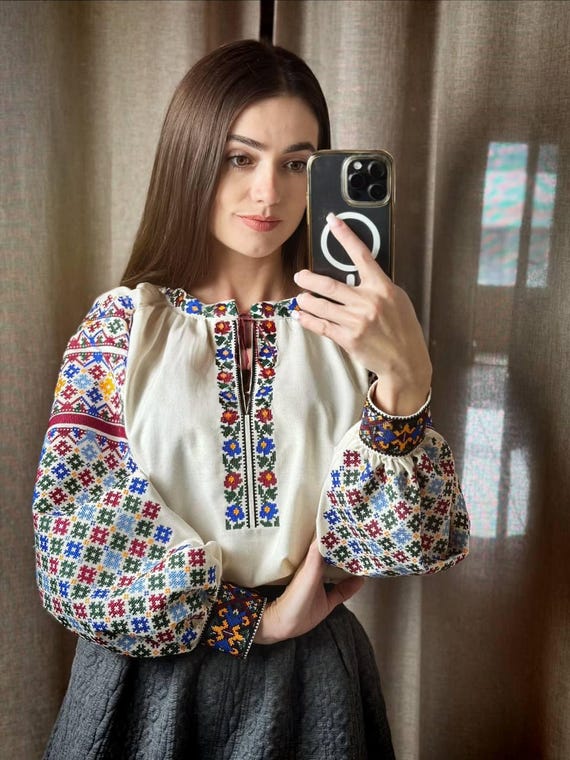 Ukrainian Vyshyvanka Blouse, Hutsul Inspired Linen Cotton Shirt with Colorful Cross Stitch Embroidery