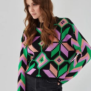 Boho Geometric Knit Jumper: Oversized Cotton Blend Sweater