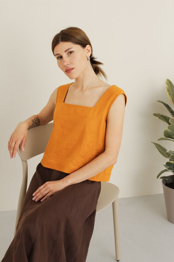 Linen Crop Top Square neck linen top Cropped linen shirt Etsy