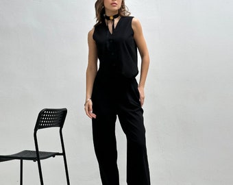 Black linen woman suit set, Black linen pants, Linen palazzo pants, Linen wide leg pants, black linen vest, linen summer clothing