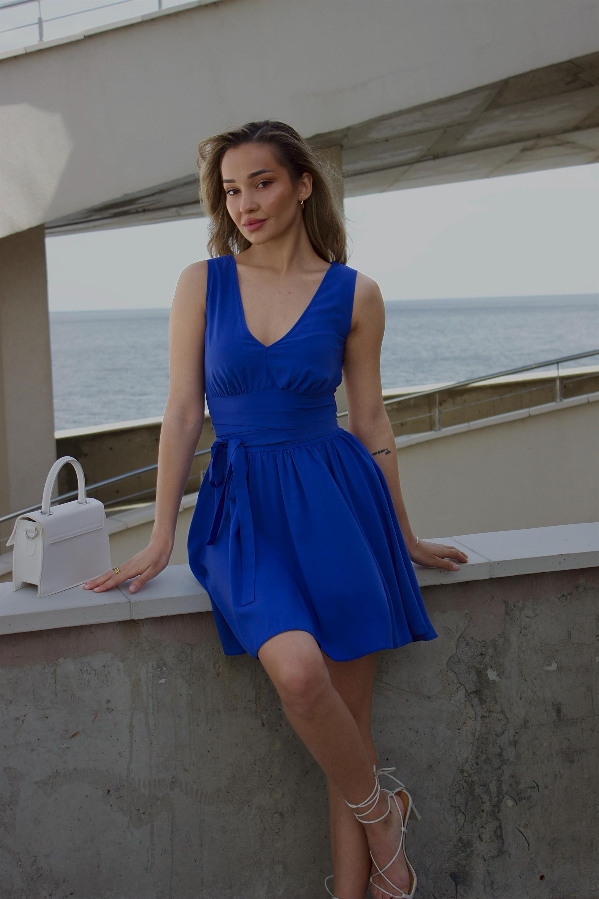 Electric blue fit and flare dress,Deep blue short cotton dress,Royal blue women's dress,Retro style swing blue dress,Elegant cocktail dress